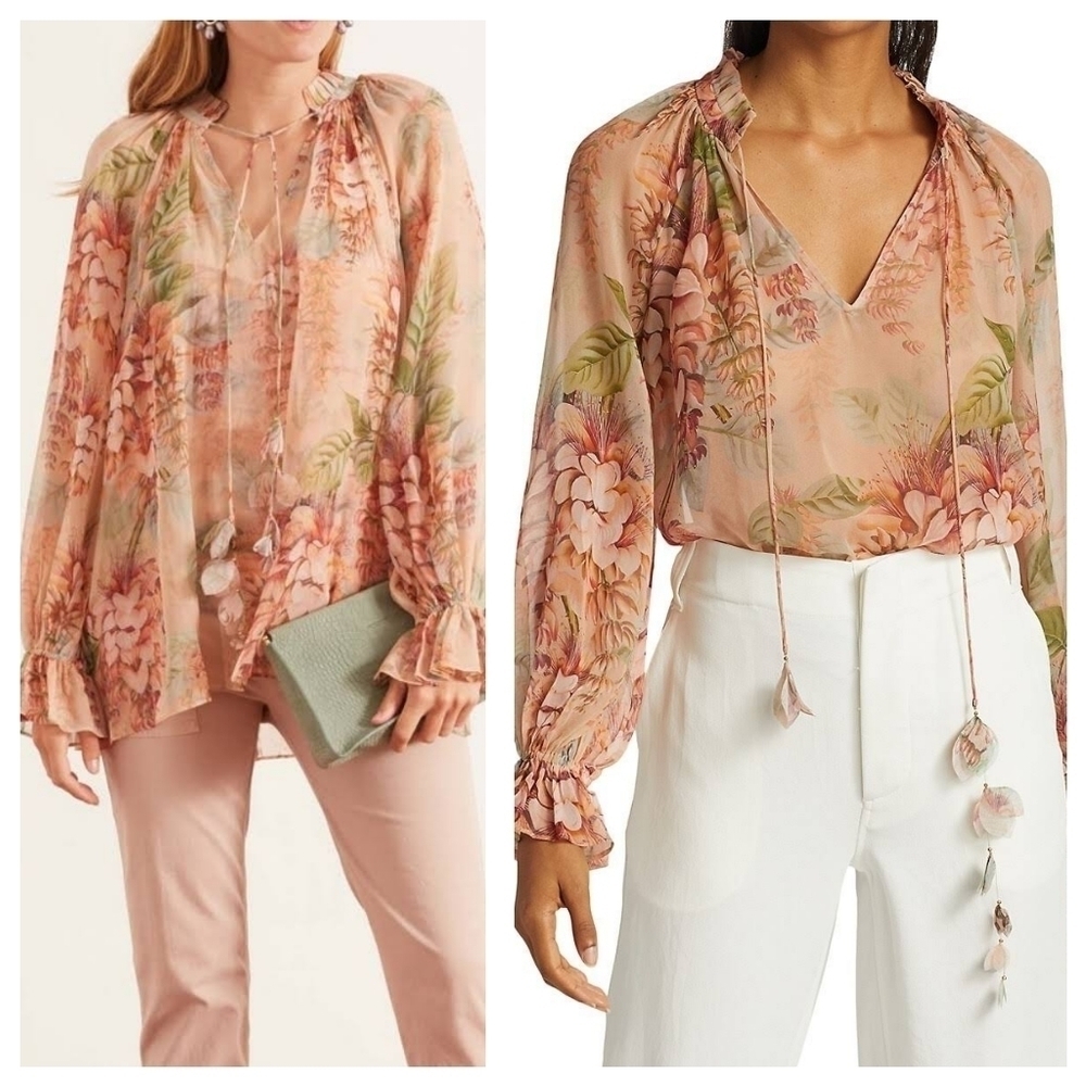 L'ATISTE Floral Semi-Sheer Self Tie Long Sleeve Coral Botanica Summer Top